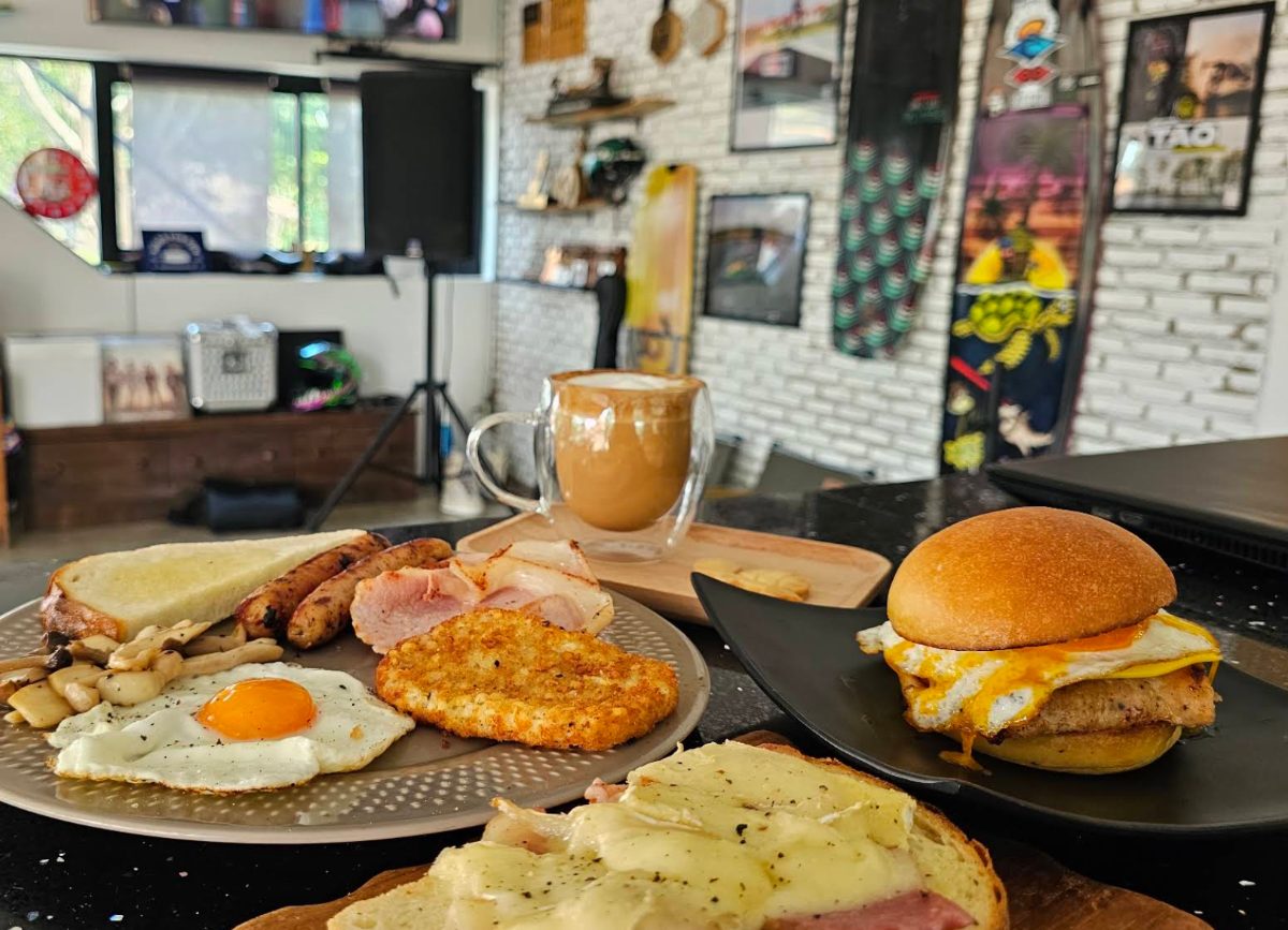 Full breakfast, egg burger and cappuccino