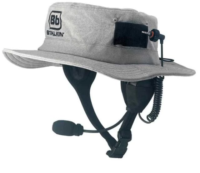 The waterproof coaching headset: a bucket hat with a speaker over each ear and a small microphone in front