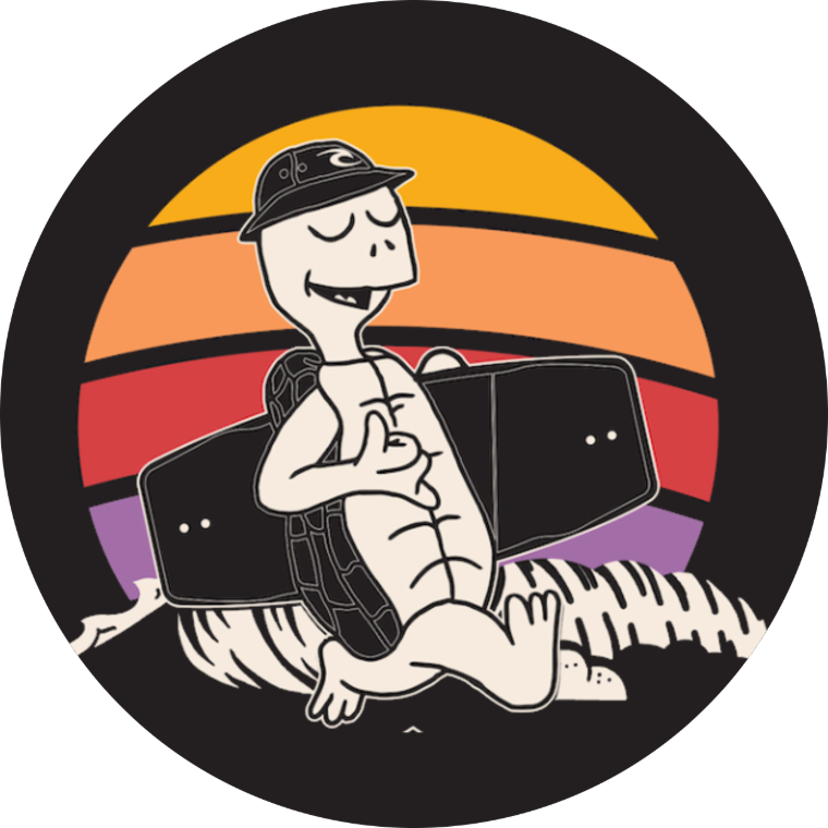 Tao the turtle in a Rip Curl cap, carrying a wakeboard in front of a sunset