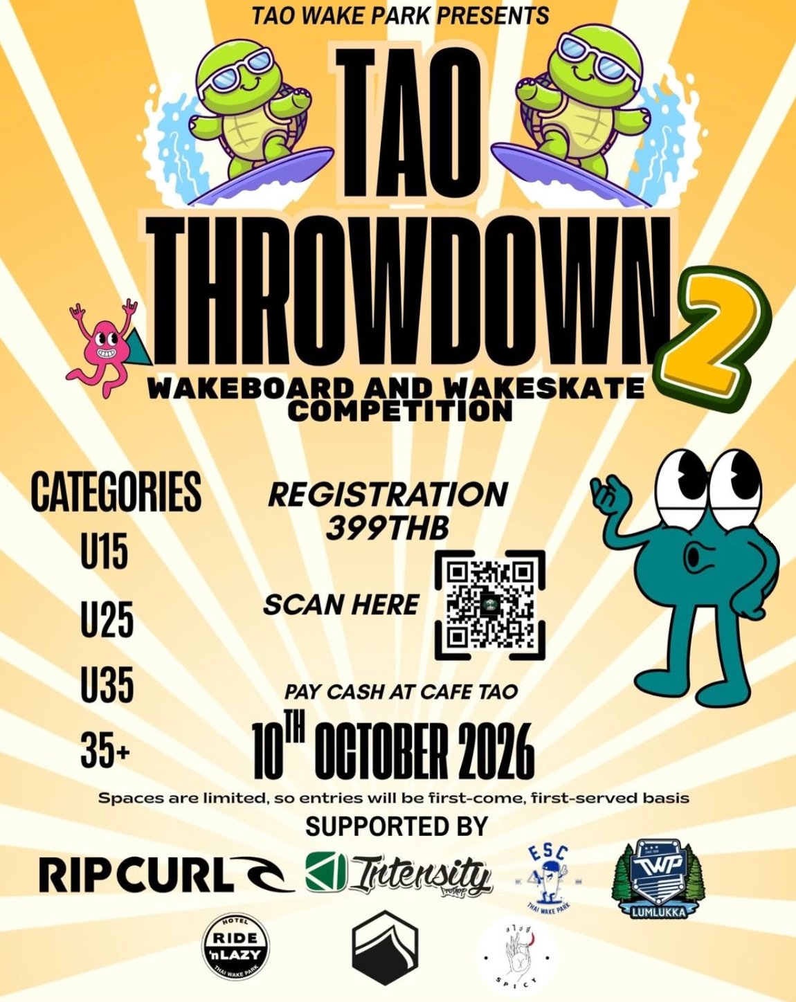 Tao Throwdown 2 poster: categories U15, U25, U35, 35+. Registration 399 THB. 10th October 2026.